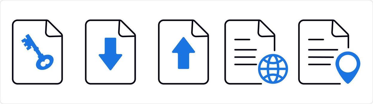 A set of 5 document icons as page security, download page, upload page in blue line color vector