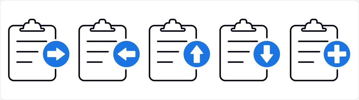 A set of 5 document icons as receive file, download file, upload file in blue line color vector
