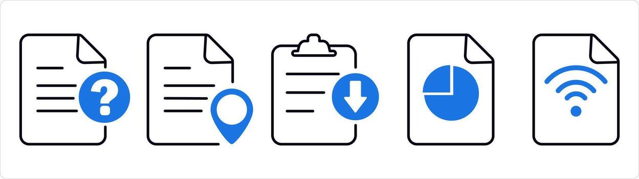 un conjunto de 5 5 documento íconos como pregunta, página ubicación, descargar archivo en azul línea color vector