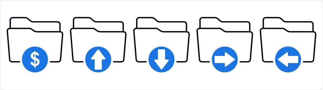 A set of 5 document icons as finance folder, upload folder, download folder in blue line color vector