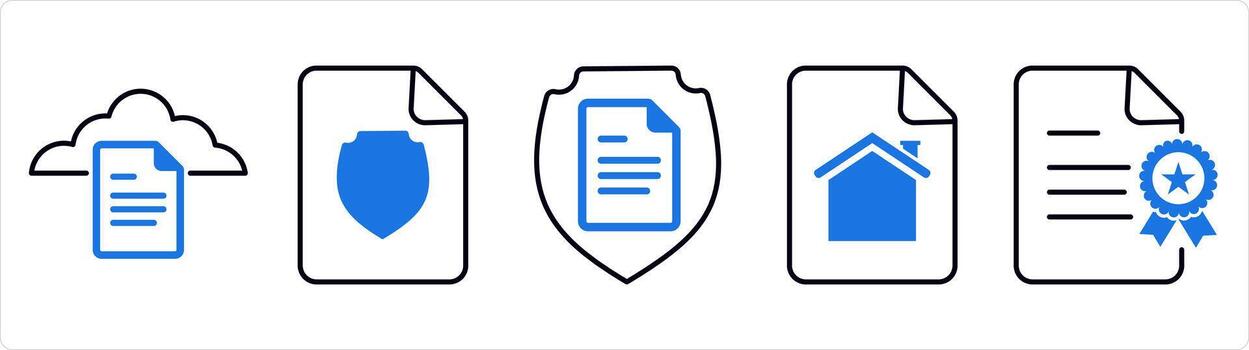 un conjunto de 5 5 documento íconos como nube documento, documento seguridad, hogar página en azul línea color vector