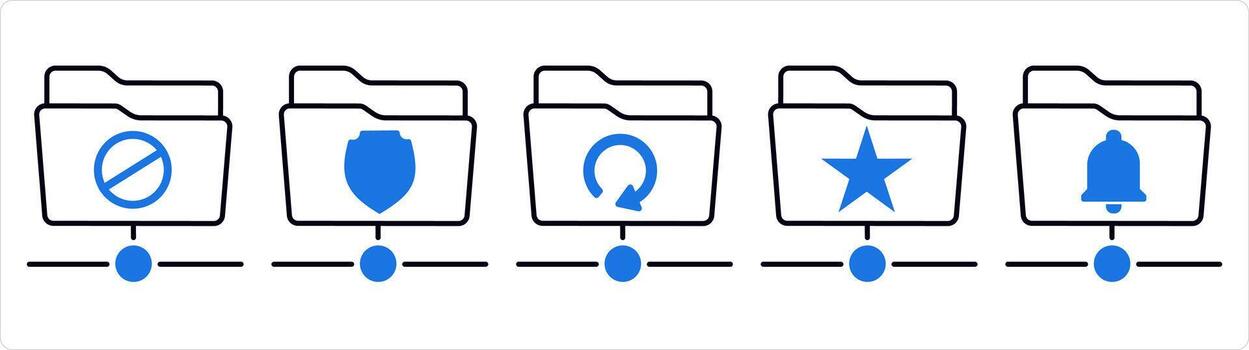 un conjunto de 5 5 documento íconos como carpeta prohibido, carpeta proteccion, actualizar carpeta en azul línea color vector