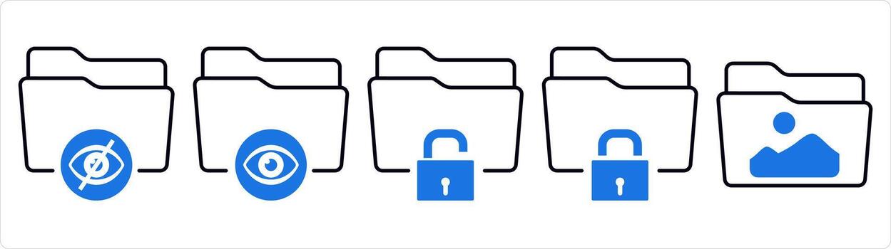 un conjunto de 5 5 documento íconos como invisible carpeta, ver carpeta, carpeta seguridad en azul línea color vector