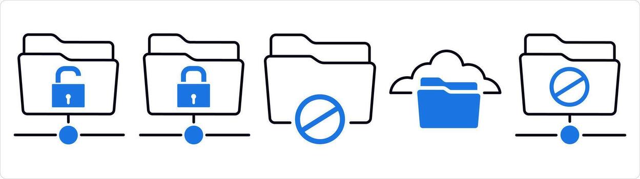 A set of 5 document icons as folder protection, folder prohibited, cloud folder in blue line color vector