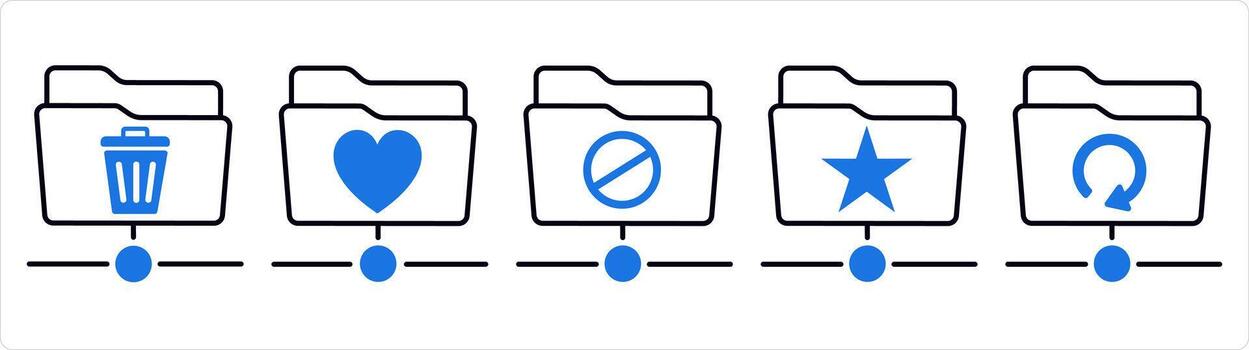 un conjunto de 5 5 documento íconos como basura carpeta, favorito carpeta, carpeta prohibido en azul línea color vector