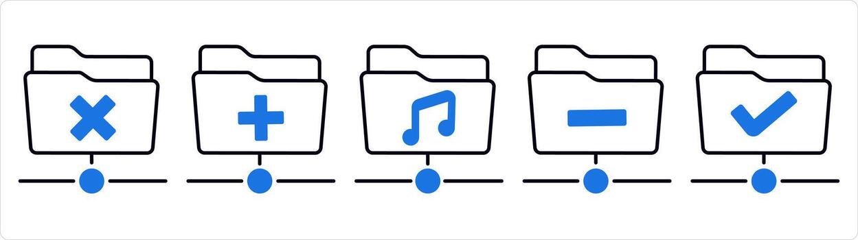 un conjunto de 5 5 documento íconos como incorrecto carpeta, crear carpeta, música carpeta en azul línea color vector