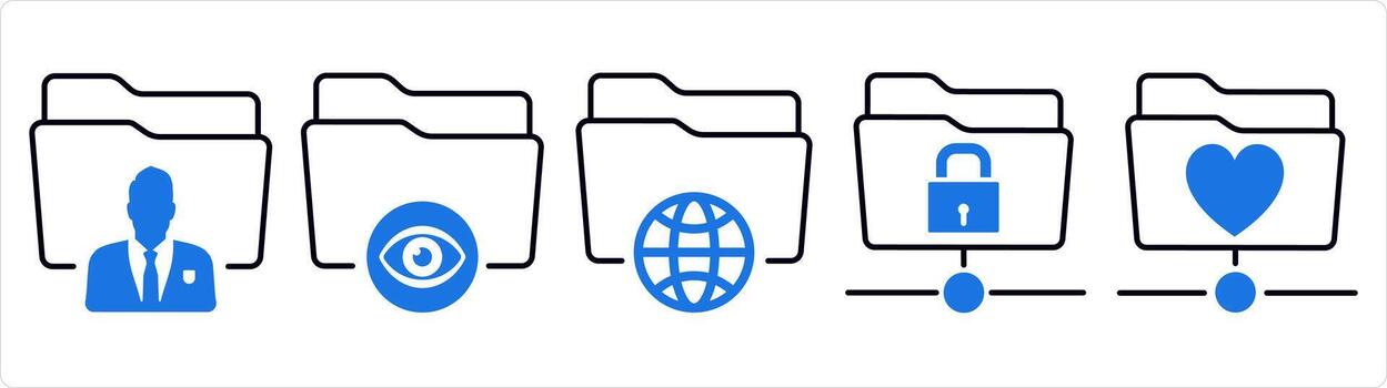 un conjunto de 5 5 documento íconos como privado carpeta, ver carpeta, internacional carpeta en azul línea color vector