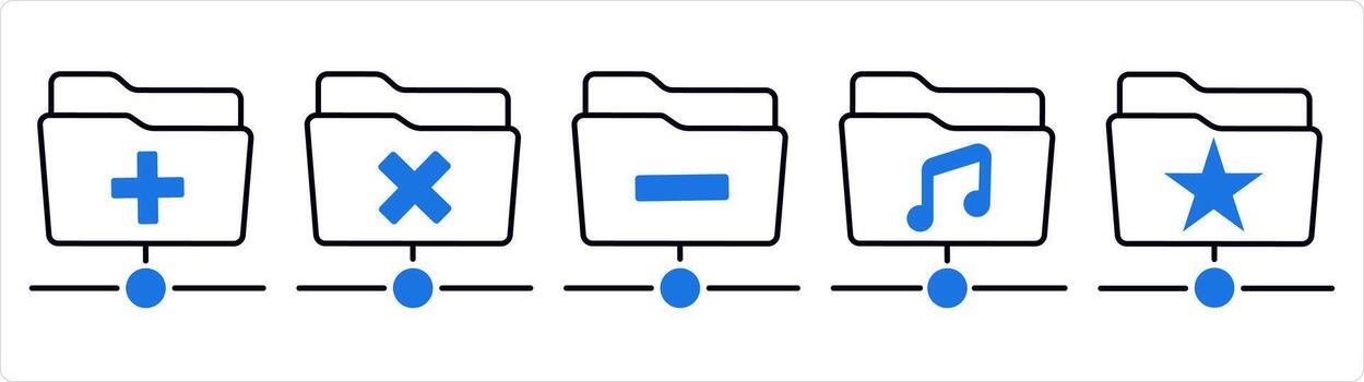 un conjunto de 5 5 documento íconos como crear carpeta, incorrecto carpeta, eliminar doblar en azul línea color vector