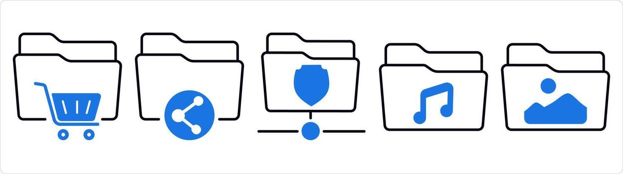 un conjunto de 5 5 documento íconos como compras carpeta, compartir carpeta, carpeta protectio en azul línea color vector