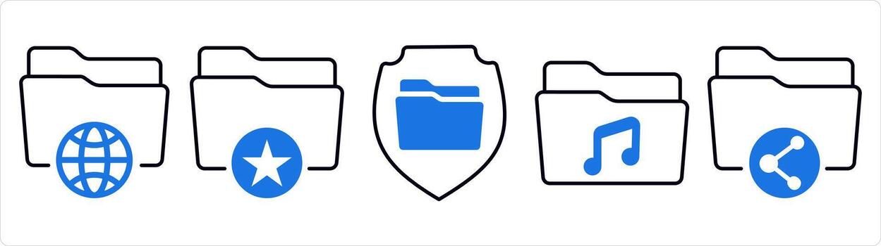 un conjunto de 5 5 documento íconos como internacional carpeta, favorito carpeta, carpeta seguridad en azul línea color vector