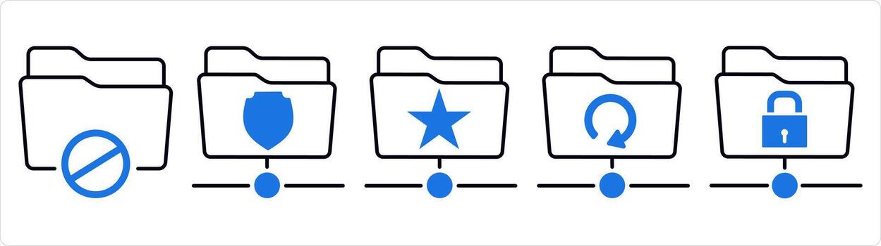 un conjunto de 5 5 documento íconos como carpeta prohibido, carpeta proteccion, favorito carpeta en azul línea color vector