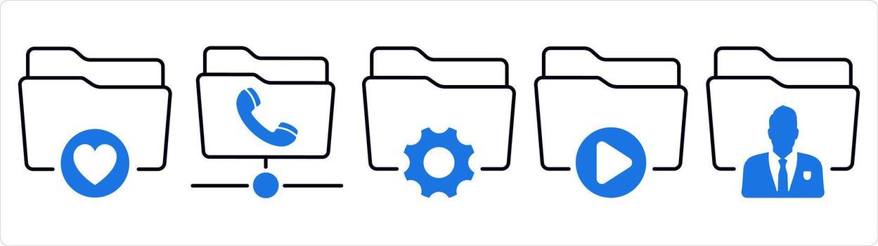 un conjunto de 5 5 documento íconos como favorito carpeta, llamada carpeta, carpeta ajuste en azul línea color vector