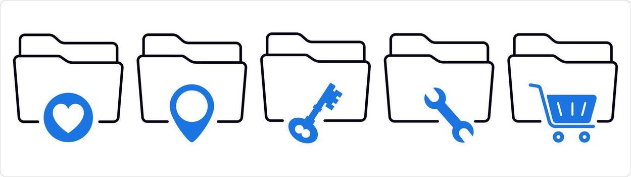 A set of 5 document icons as favorite folder, folder location, folder security in blue line color vector