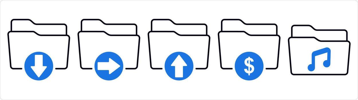 A set of 5 document icons as download folder, send folder, upload folder in blue line color vector