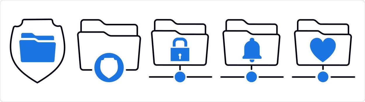 un conjunto de 5 5 documento íconos como carpeta seguridad, carpeta proteccion, carpeta notificación en azul línea color vector