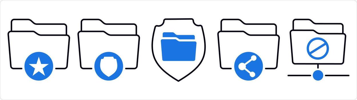 un conjunto de 5 5 documento íconos como favorito carpeta, carpeta seguridad, compartir carpeta en azul línea color vector