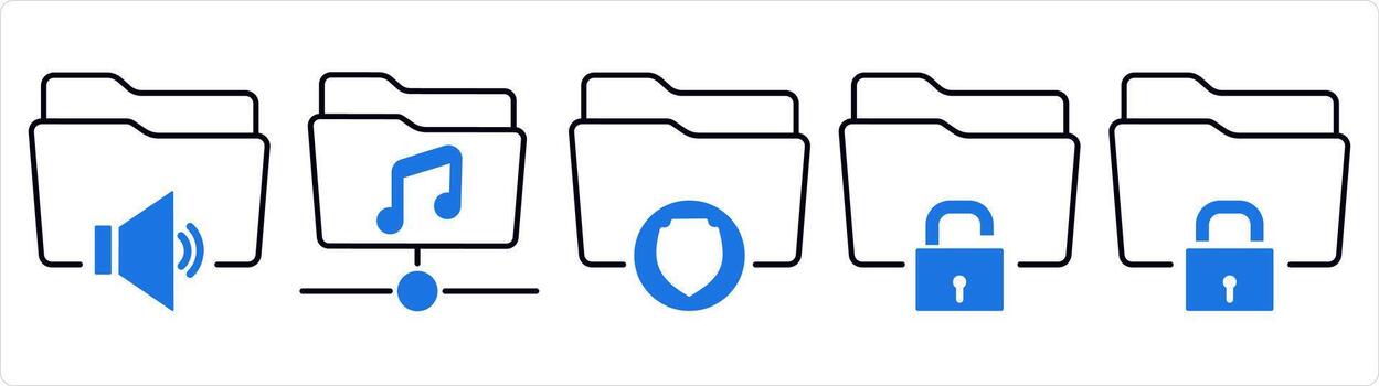 un conjunto de 5 5 documento íconos como audio carpeta, música carpeta, carpeta seguridad en azul línea color vector