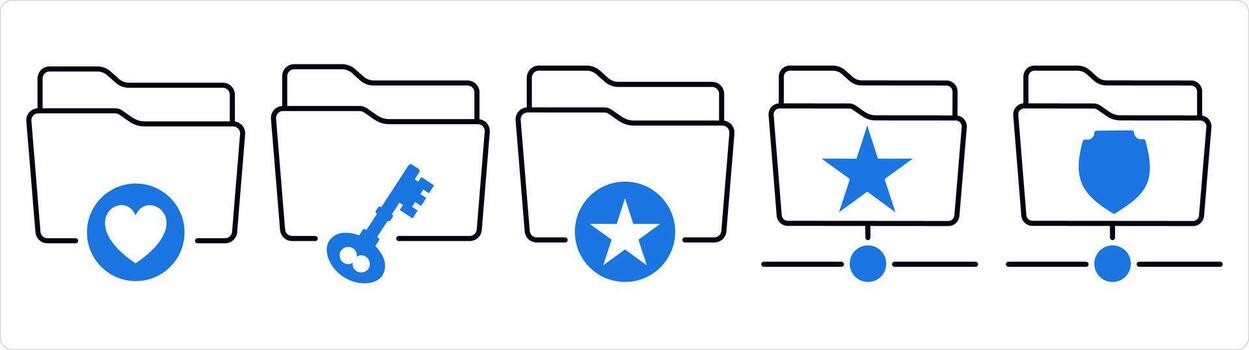 un conjunto de 5 5 documento íconos como favorito carpeta, carpeta seguridad, favorito carpeta en azul línea color vector