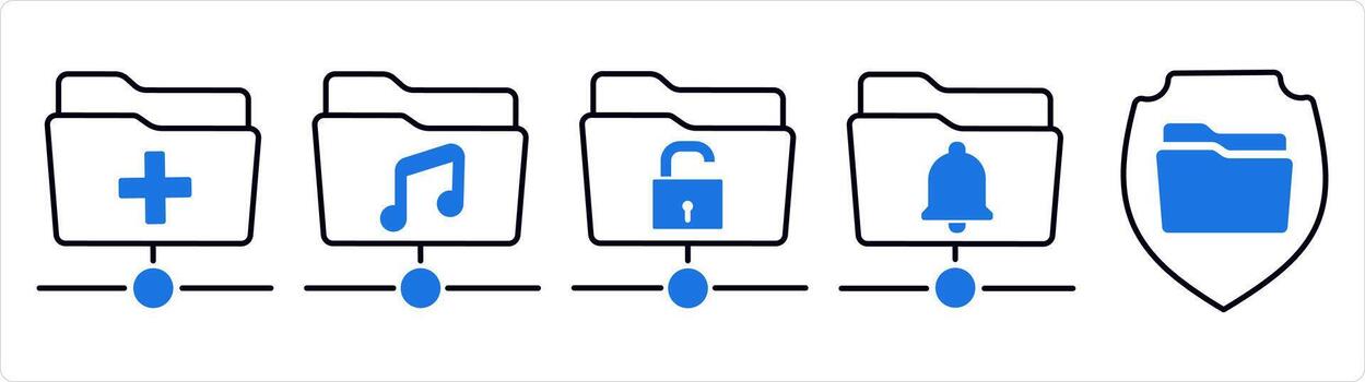 un conjunto de 5 5 documento íconos como crear carpeta, música carpeta, carpeta proteccion en azul línea color vector