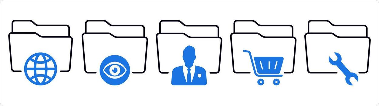 un conjunto de 5 5 documento íconos como internacional carpeta, ver carpeta, privado carpeta en azul línea color vector