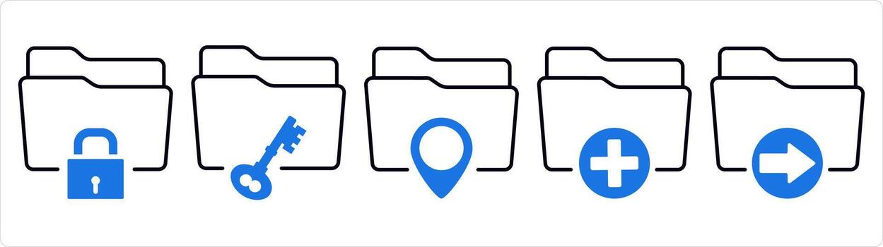 un conjunto de 5 5 documento íconos como carpeta seguridad, carpeta ubicación, crear carpeta en azul línea color vector