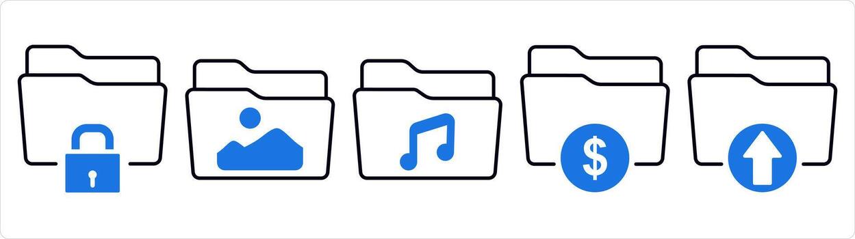 un conjunto de 5 5 documento íconos como carpeta seguridad, imagen carpeta, música carpeta en azul línea color vector