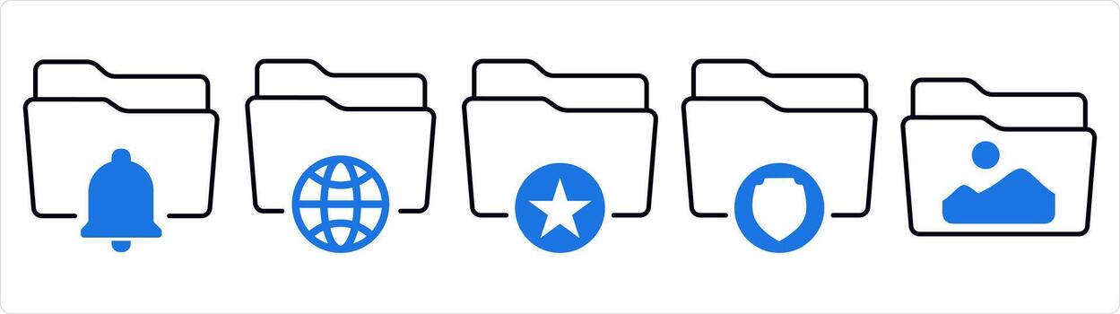 un conjunto de 5 5 documento íconos como carpeta notificación, internacional carpeta, favorito carpeta en azul línea color vector