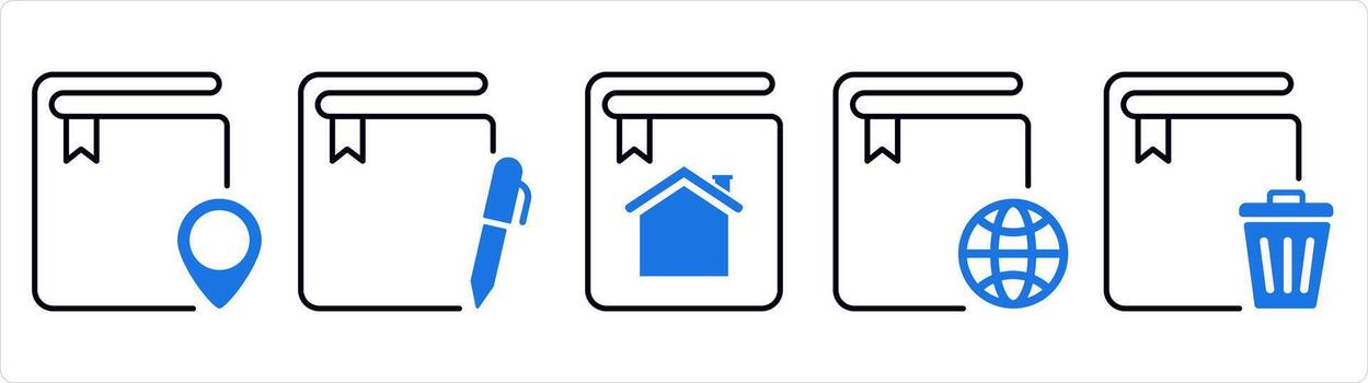 A set of 5 document icons as location book, notepad, home book in blue line color vector