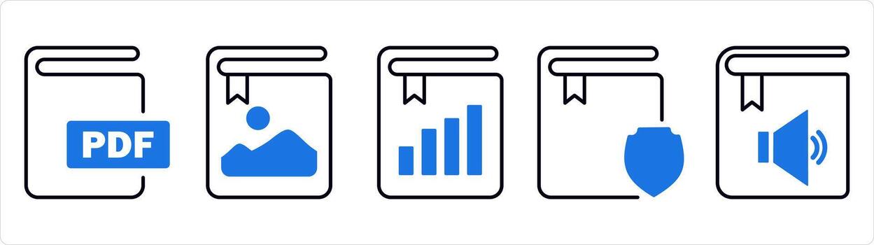 A set of 5 document icons as pdf book, image book, graph book in blue line color vector