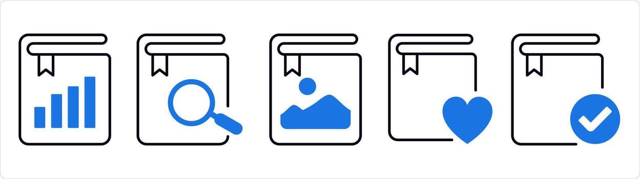 A set of 5 document icons as graph book, search book, image book in blue line color vector