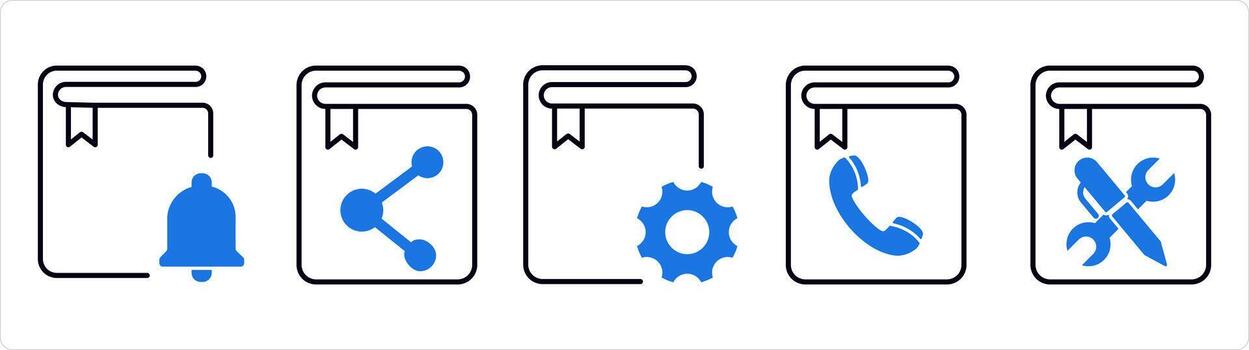 A set of 5 document icons as book notification, share book, book setting in blue line color vector