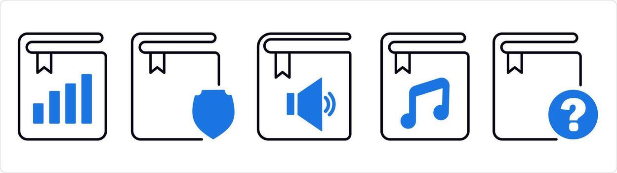 A set of 5 document icons as graph book, book protection, audio book in blue line color vector