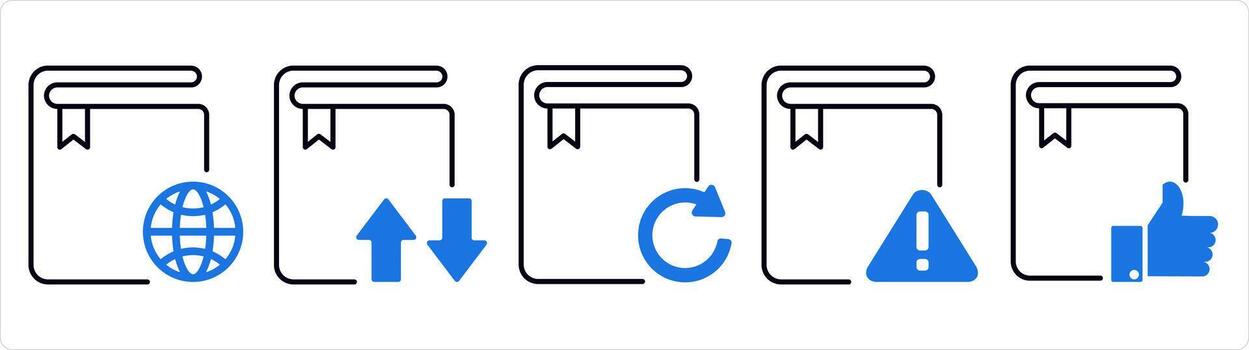 A set of 5 document icons as global book, synchronize book, update book in blue line color vector
