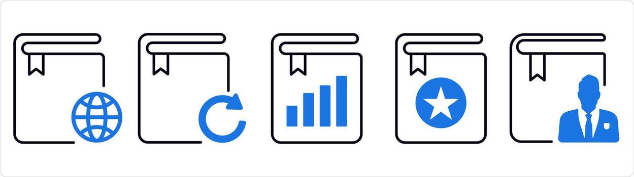 A set of 5 document icons as global book, update book, graph book in blue line color vector