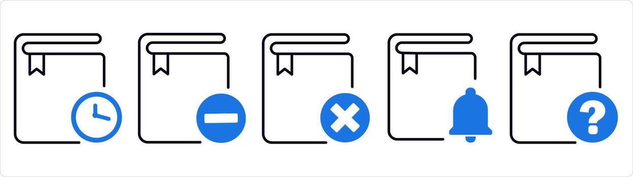 A set of 5 document icons as study on time, remove book, wrong book in blue line color vector