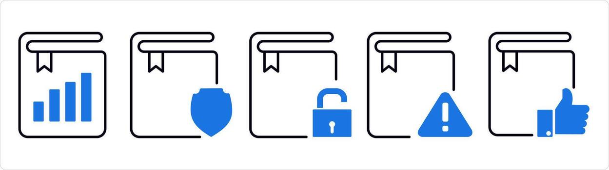 A set of 5 document icons as graph book, book protection, book security in blue line color vector