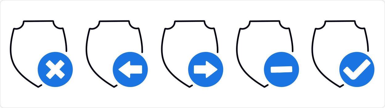 A set of 5 internet icons as wrong shield, receive shield, send shield in blue line color vector