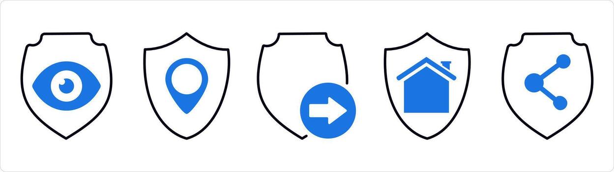 A set of 5 internet icons as view shield, location shield, send shield in blue line color vector
