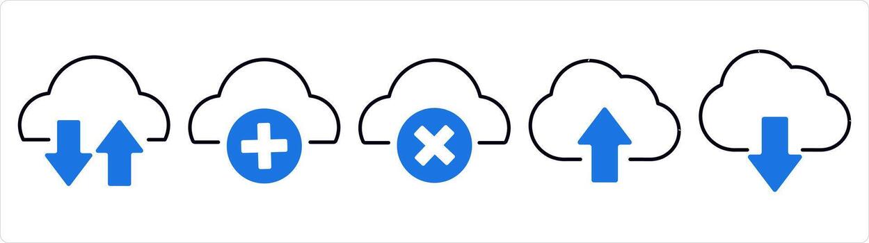 A set of 5 internet icons as synchronize cloud, add cloud, wrong cloud in blue line color vector