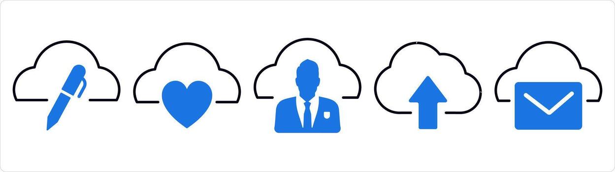 A set of 5 internet icons as edit cloud, favorite cloud, user cloud in blue line color vector