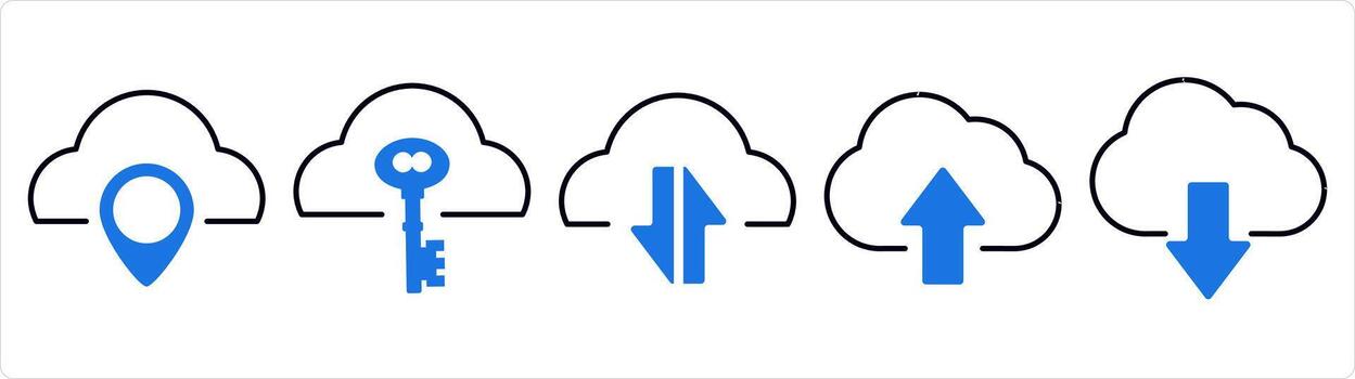 A set of 5 internet icons as cloud location, cloud security, synchronize cloud in blue line color vector