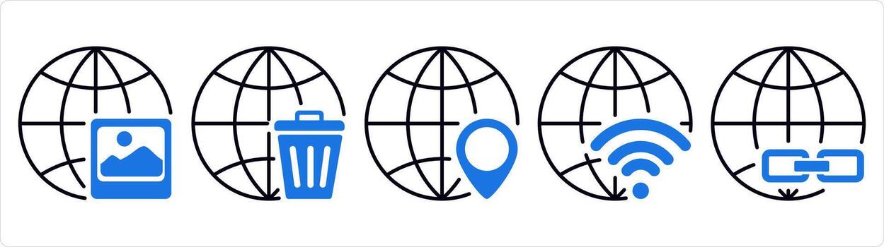 A set of 5 internet icons as global image, trash globe, global location in blue line color vector