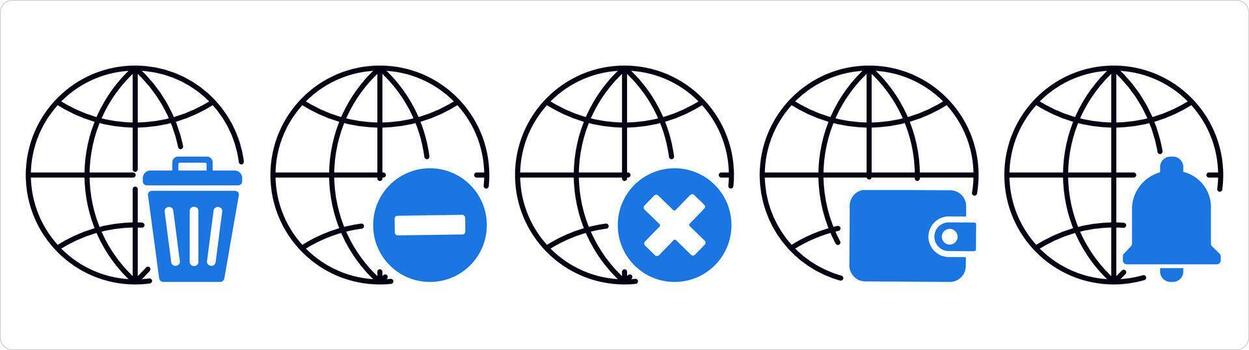 A set of 5 internet icons as trash globe, remove globe, wrong globe in blue line color vector