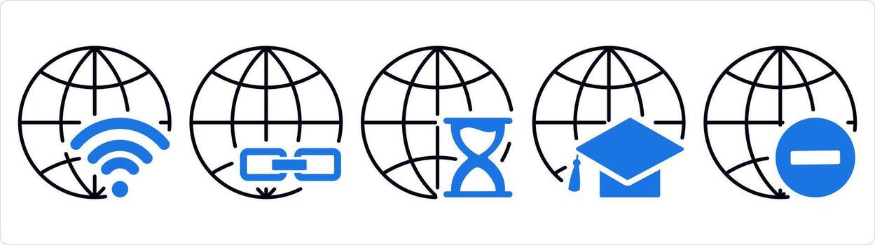 A set of 5 internet icons as global wifi, link global, global hourglass in blue line color vector