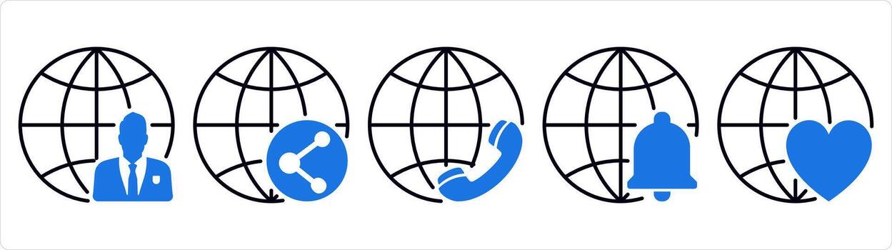 A set of 5 internet icons as global business, global share, international call in blue line color vector