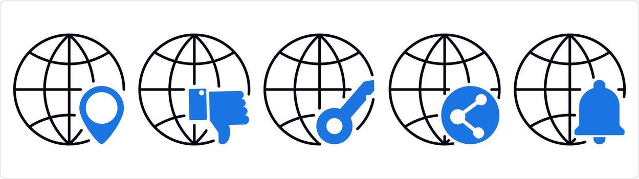 A set of 5 internet icons as global location, dislike global, global protection in blue line color vector