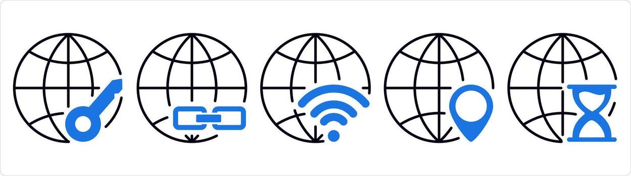 un conjunto de 5 5 Internet íconos como global proteccion, enlace global, global Wifi en azul línea color vector