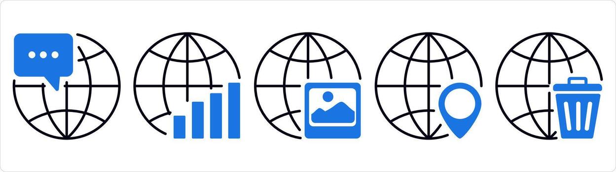 A set of 5 internet icons as global message, global statistics, global image in blue line color vector