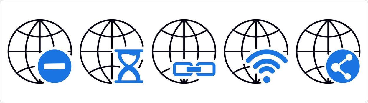 un conjunto de 5 5 Internet íconos como eliminar globo, global reloj de arena, enlace global en azul línea color vector