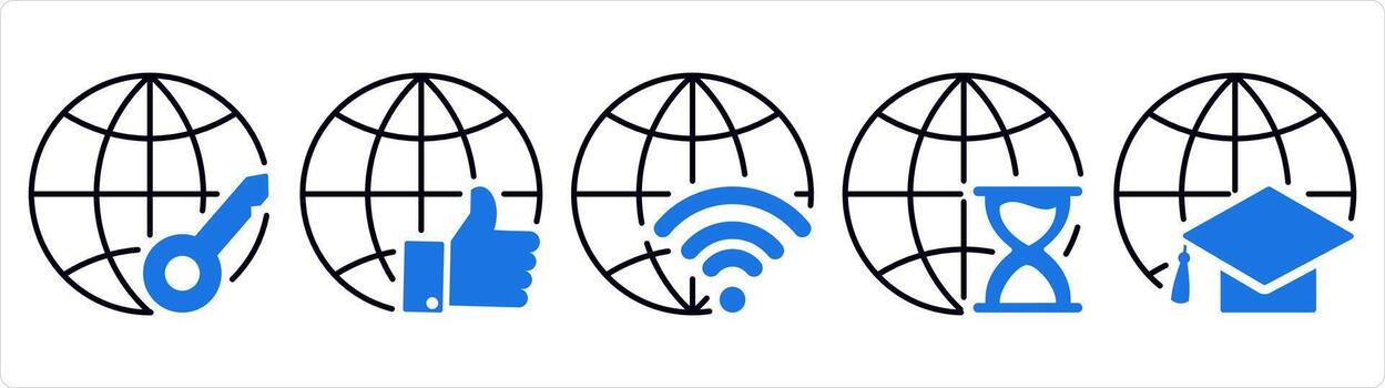 A set of 5 internet icons as global protection, like global, global wifi in blue line color vector